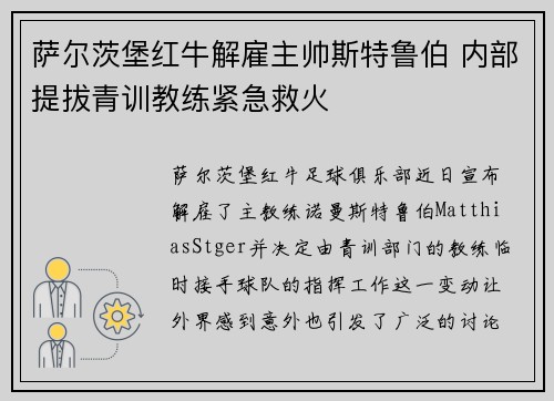 萨尔茨堡红牛解雇主帅斯特鲁伯 内部提拔青训教练紧急救火 萨尔茨堡红牛解雇主帅斯特鲁伯 内部提拔青训教练紧急救火